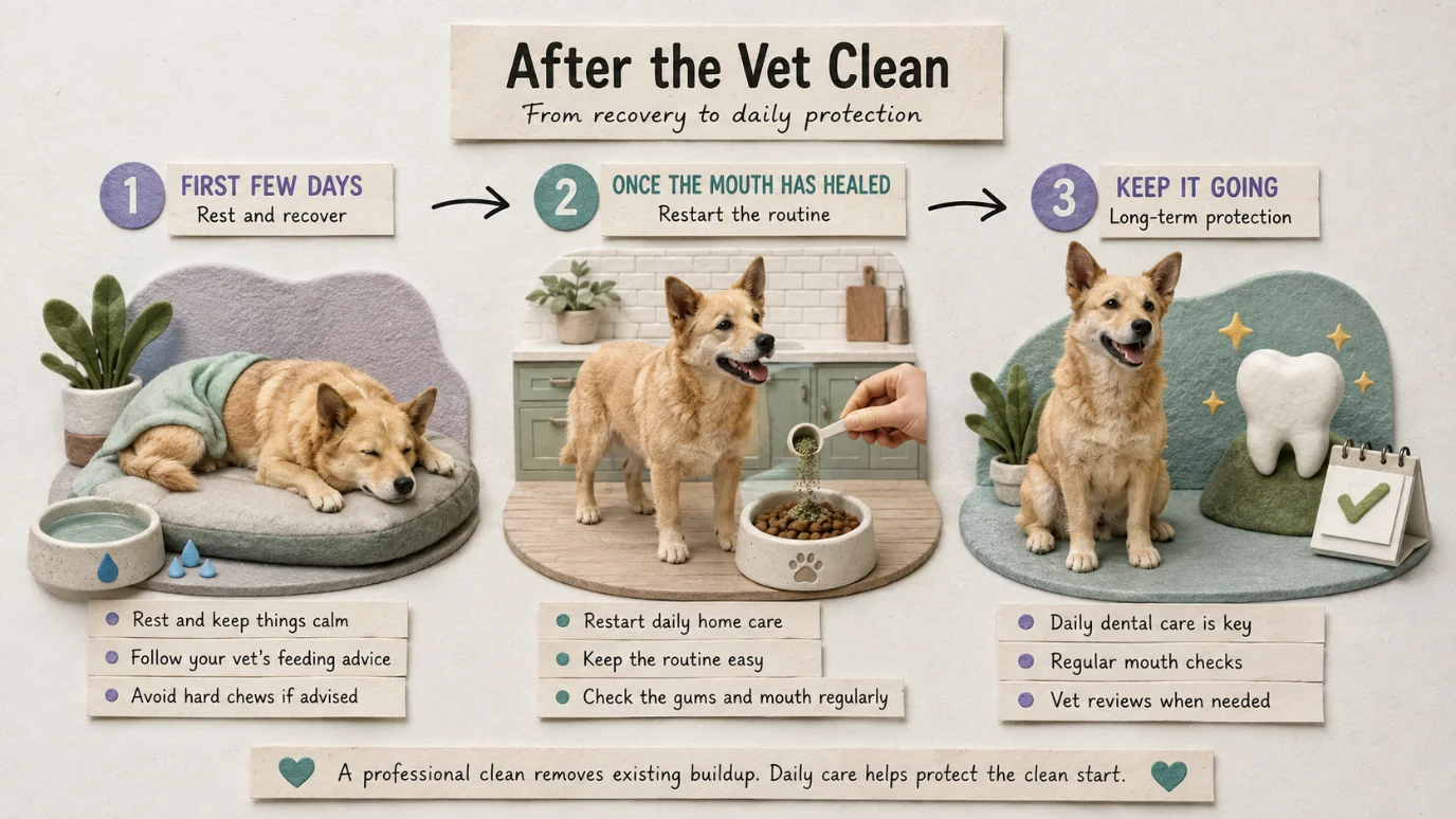 After the Vet Clean: 1. First Few Days (Rest & recover), 2. Once the mouth has healed (Restart the routine), 3. Keep it going (Long-term protection)